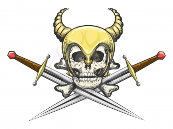 Skull in Horned helmet of Viking with the crossed swords. Vector illustration.