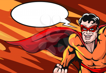 Super Hero in cap with empty speech bubble drawn in comic book style. Vector illustartion.