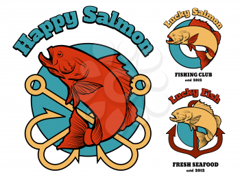 Set of emblem with jumping fish, labels and badges. Vector illustration.