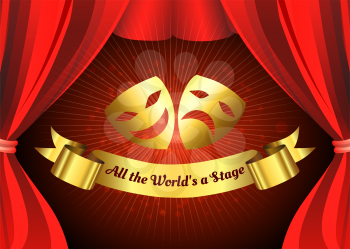 Comedy and tragedy golden masks on theatre stage background with Red Curtain. Vector illustration