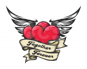 Tattoo of Two Winged Heats and Ribbon with Lettering Together Forever. Vector illustration.