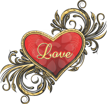 Heart With Flower Swirls and hand made Wording Love drawn in tattoo style. Vector illustration.