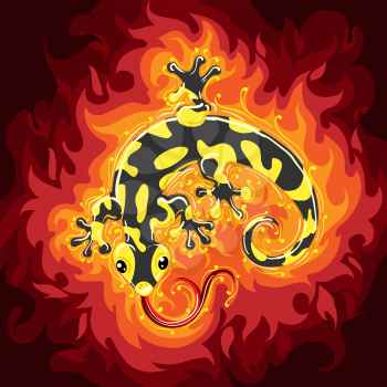 Fire Salamander on Flame background. Vector illustration.