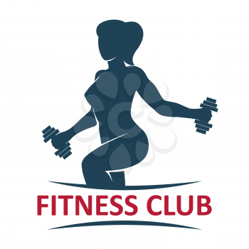 Fitness Gym Logo presenting athletic woman lifting weights. vector illustration.