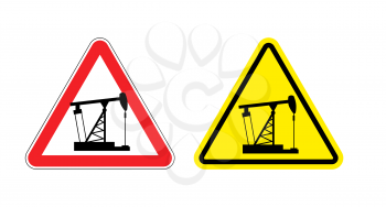 Warning sign of attention to pump oil. Hazard yellow sign fuel production. An oil rig on  red triangle. Set Road signs
