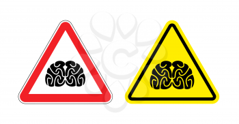 Warning sign of attention to think. Hazard yellow sign brain drain. Silhouette head brain on red triangle. Set Road signs.