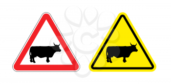 Warning sign attention cow. Hazard yellow sign herding. Silhouette mammal animal with horns on red triangle. Set Road signs.