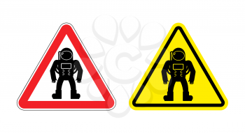Warning sign astronaut. Hazard yellow sign cosmic man. Silhouette astronaut in space suit with red triangle. Set  Road signs.