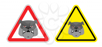Warning sign attention dog. Hazard yellow sign a pet. Head Bulldog on red triangle. Set Road signs.