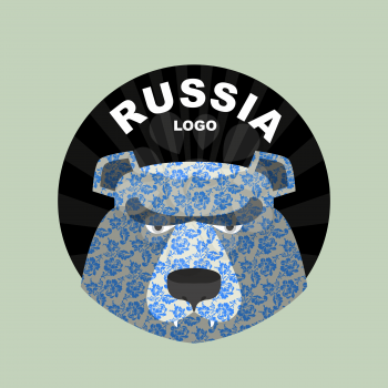  head  bear. Logo for Russia. Russian traditional floral pattern. Gzhel