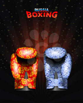 Boxing gloves  Russian traditional ornament from flowers, Gzhel. Template of championship posters dark background. Russian boxing. Vector illustration Eps 10