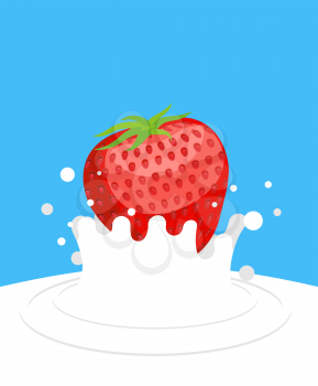 Red ripe strawberry drops in fresh milk on a blue background. Splashes of white milk. Vector illustration food.