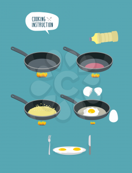 Manual cooking scrambled eggs. Fry  omelette. Frying pan and a bottle of oil. Infographics ingredients for cooking breakfast. Stages of cooking in kitchen or in  restaurant. Cooking instruction Vector