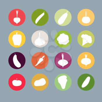 Vegetables silhouette icons Set. Vector illustration. Carrots and potatoes, beets and radishes, cabbage and garlic, Eggplant and tomato.