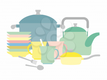 Kitchen utensils. Kettle and mugs. Set of plates. Vector illustration.
