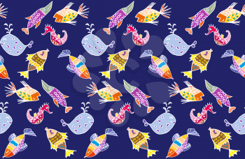 Cartoon fish, illustration of various marine animals, fish pattern, whale, algae, backgrounds, 