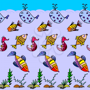 Cartoon fish, illustration of various marine animals, fish pattern, whale, algae, backgrounds, 