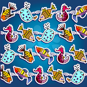 Cartoon fish, illustration of various marine animals, fish, whale, algae, backgrounds, a set of stickers, set of marine animals