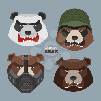 Wild angry bears set. Angry Panda bear in a military helmet, bear with a scar, a bear in a mask