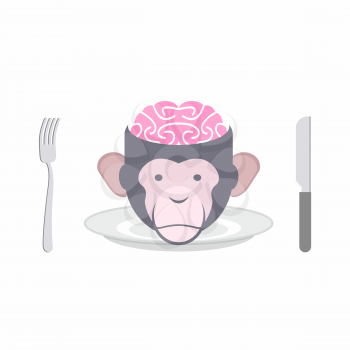 Monkey Brains prohibited dish of Oriental cuisines Chinese, Indonesian and African cuisines. Animal's head on a plate. Cutlery: knife and fork. Food Delicacy forbidden in restaurant.