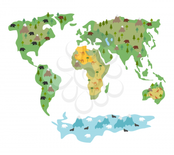 Map of  world with animals and trees. Geographic map of  globe with flora and fauna. Conditional cartoon kids map with bears and kangaroos. World map with Continents of  Earth. Atlas continents and oc