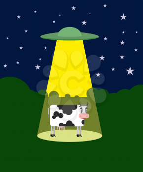 UFO abducts a cow. Space aliens and cattle. Flying saucer beam picks up animal from farm. Vector illustration
