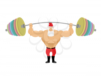 Santa Claus and barbell. Bench press barbell above his head. Exercises for shoulders. Strong Powerful old man with grey beard. Fabulous grandfather strongman.
