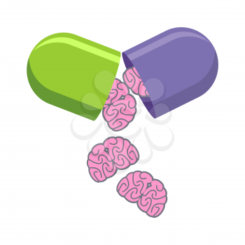 Pill with brains. Tablet for mind. Medical drug to increase IQ. Vector illustration.

