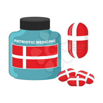 Patriotic medicine in Denmark. Pills with  Danish flag. Vector illustration. Bottle with pills.
