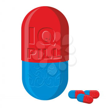 Tablet with brains. Pill IQ. Medical product vector illustration.