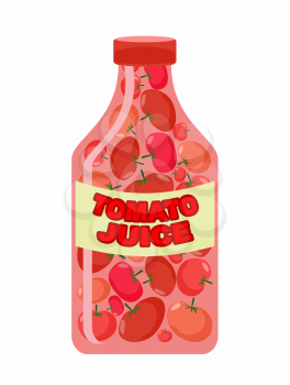 Tomato juice. Juice from fresh vegetables. Tomatoes in a transparent bottle. Vitamin drink for healthy eating. Vector illustration.