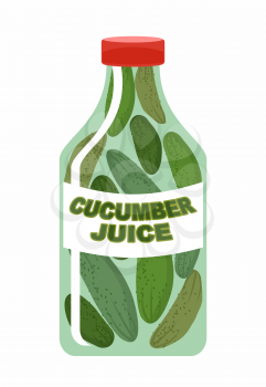 Cucumber juice. Juice from fresh vegetables. Cucumbers in a transparent bottle. Vitamin drink for healthy eating. Vector illustration.
