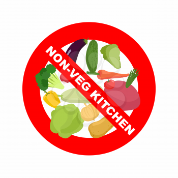 Stop sign. Banning Red sign. Strikethrough vegetables: potatoes and carrots, cabbage and beets. Kitchen excludes vegetables, only meat dishes. Vector illustration
