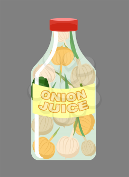 Onion juice. Juice from fresh vegetables. Onions in a transparent bottle. Vitamin drink for healthy eating. Vector illustration.
