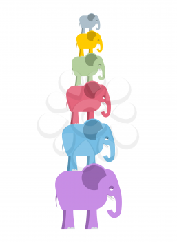 Pyramid color elephants. Colorful cute animals of jungle. Big and small wild mammals with trunks.
