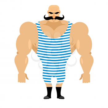 Retro strongman sportsman. Ancient bodybuilder with mustache. Athlete in striped jumpsuit. Strong circus performer.
