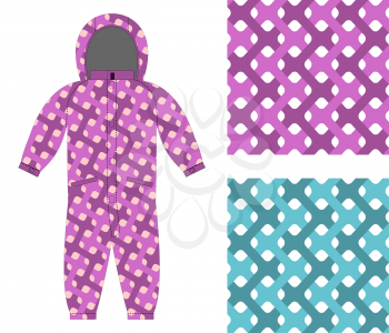 Kids overalls. Set of seamless pattern interlocking Web. Children's clothing template and color textures for fabrics.
