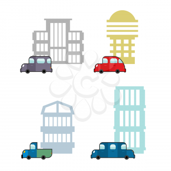 Set of car and House. Transport and business buildings. Collection of icons of  city theme. Cars and public buildings.
