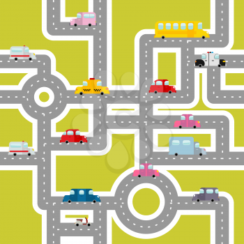 Road and transport seamless pattern. Cartoon map of cars and traffic. Bus and ambulance. Taxis and scooter. Texture of Cars for childrens fabric.
