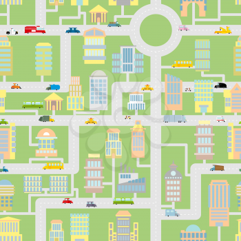 City seamless pattern. Modern metropolis with buildings, cars and machines. Cartoonish background of Skyscrapers and office buildings. Urban texture of transport and roads. Map business of city. Ornam
