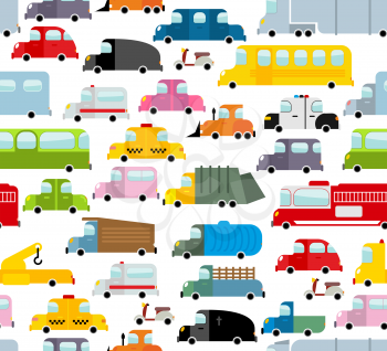 Car seamless pattern. Background of transport in cartoon style. Many small toy cars. Cute transport Texture for baby fabric. School bus and taxi. Tow truck and garbage truck.