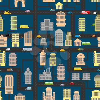 Night city pattern. Skyscrapers and transportation urban seamless background. Infrastructure, homes and cars. Texture of  road, real estate and public and Business building. Cartoon map of city in eve