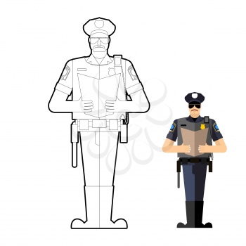 Policeman coloring book. Police officer at work. Vector illustration.

