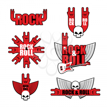Set Rock logo. Logo for  musical rock group. Attributes of rock and roll: guitar, skull and wings. Template logo for Rock Festival or party.
