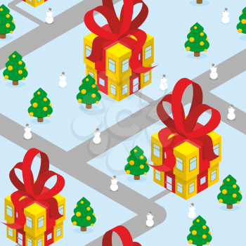 Gift Christmas city seamless pattern. Fantastic urban district. Gift box offices with red bow. Residents - snowmen and Christmas trees. Unusual buildings. New year Magic town-Christmasburg