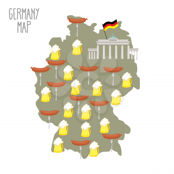 Map of Germany. Beer and sausages. Attraction Berlin Brandenburg Gate. Vector illustration.
