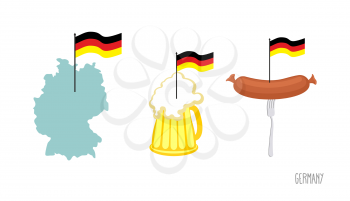 Set icons  German symbol. Map and  German flag. Beer and fried sausage. Made in Germany. Vector illustration