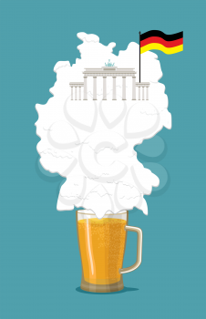 Beer with foam silhouette German map. Brandenburg Gate and flag of Germany. Vector illustration.
