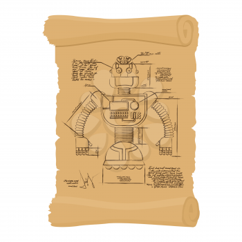 Old Drawing of robot on scroll. Design of technological devices of future on historic document. Smart diagram cyborg. Unusual Invention of Leonardo da Vinci.