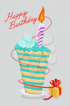 high cake birthday with candle. piece of cake on a plate. Gift. Vector illustration
